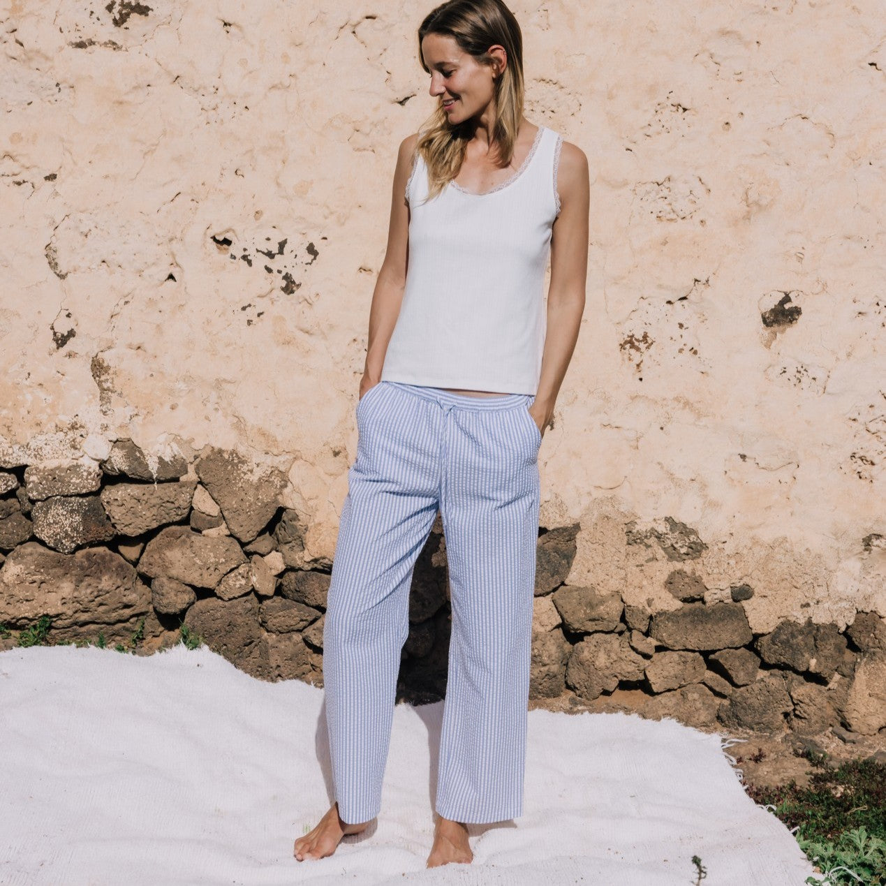 Cotton seersucker striped trousers Lilia