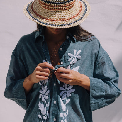 Caftà llarg de cotó rentat brodat floral Camis